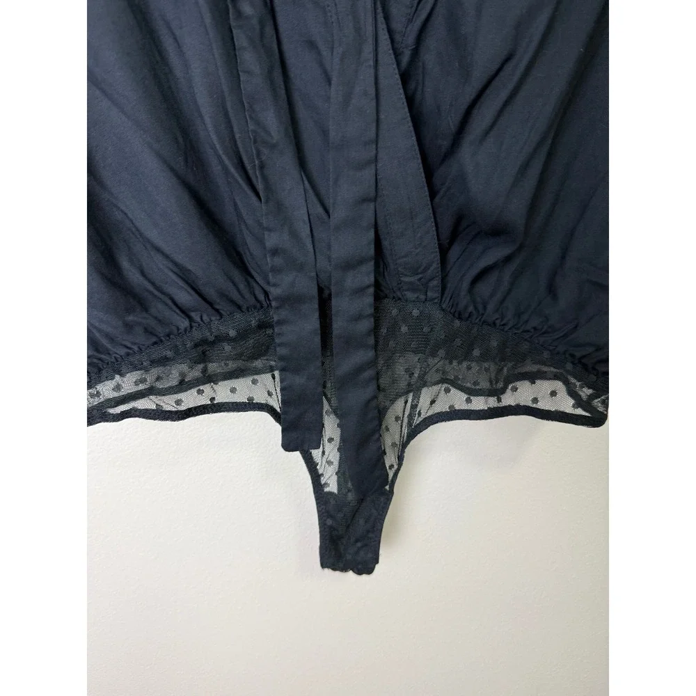 Free People Intimately Black Ruffle Sleeve Tie Front Mesh Bodysuit OB959390 L - Picture 6 of 9